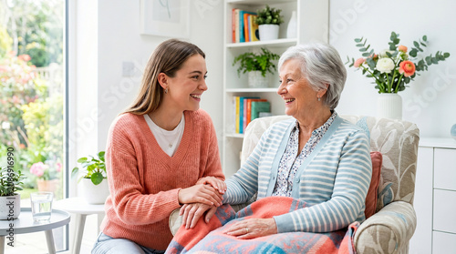 Adult daughter comforting senior mother while spending quality time together at home
