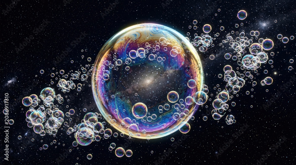 Fototapeta premium A large iridescent soap bubble reflecting a galaxy, surrounded by numerous smaller bubbles against a cosmic starry background.