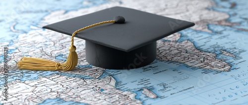 World map and graduation cap on the earth, global education concept background.