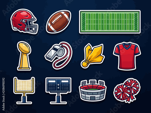 American Football Equipment Sticker Set with Stadium and Gear Icons