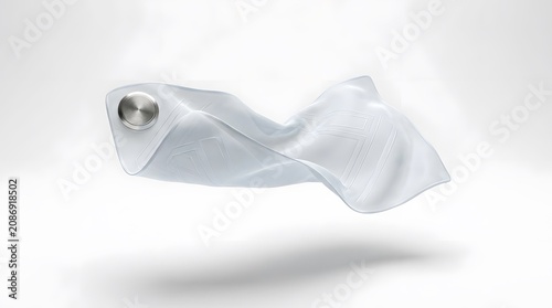 Futuristic White Fabric Banner Floating in Air with Metallic Endpiece