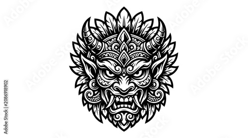 Foto Intricate Balinese Demon Mask Illustration - Black and White