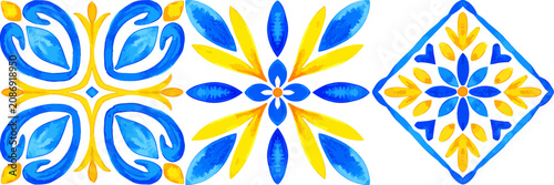 Blue and yellow watercolor floral tiles in Portuguese azulejo style ceramic mosaic