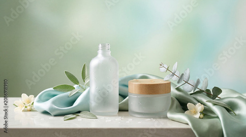 Mint Bottles and Leaves Still Life Background