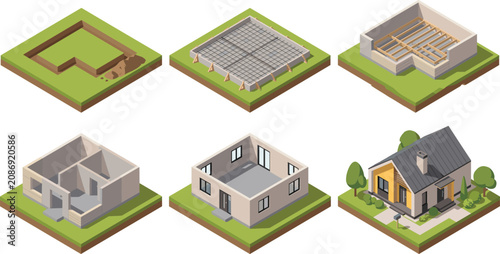 Isometric Construction Process Stages Showing Steps from Foundation Excavation to Completed Residential House Illustration