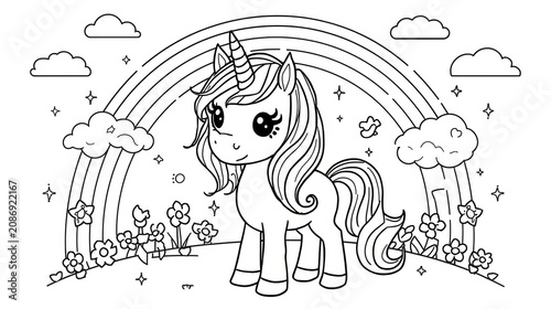 Cute little unicorn coloring page with rainbow and flowers for kids isolated on white background