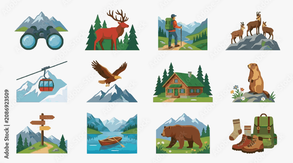 Fototapeta premium Corporate Mountain Adventure and Wildlife Set with Hiking Animals and Gear Icons with high quality professional line art symbols for modern creative design and digital branding projects