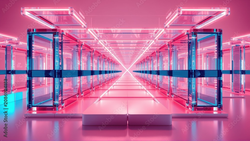 Fototapeta premium Futuristic corridor features glowing neon lights, mirrored walls, sleek platforms. Dramatic perspective creates infinite space illusion.