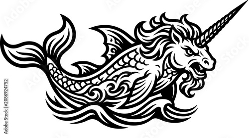 Tableau sur toile Mythical Sea Creature: Narwhal Unicorn Hybrid with Majestic Mane and Tusk
