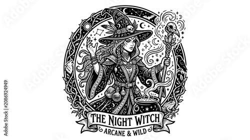 Fotografía Mystical Witch with Magic Staff and Cauldron - Enchanting Night Scene