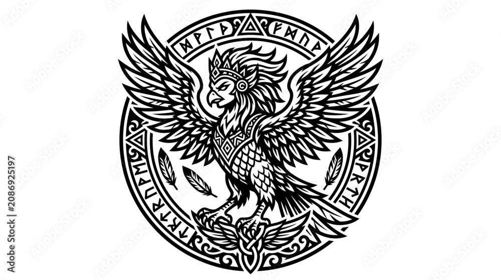 Obraz premium Mythical Griffin Emblem with Norse Runes and Feathers