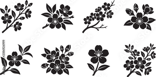 Blooming Cherry Blossom Sakura Branch Twigs Floral Sprout Silhouettes Set Silhouette Design Elements