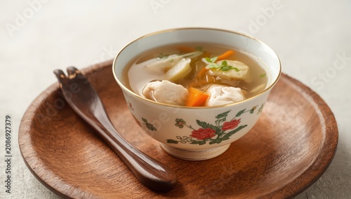 Transparent chicken soup in an ornate Chinese bowl with a wooden spoon on a rustic plate. Subtle background with space for text. Horizontal layout.