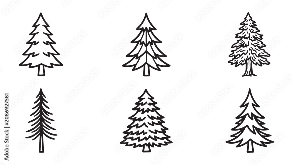 Obraz premium Collection of hand drawn evergreen coniferous tree icons for forest or landscape design projects with evergreen woodland collection illustration botanical landscape monochrome isolated