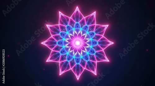 Neon glowing mandala flower shape with blue and pink light lines isolated on white background
