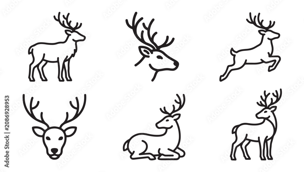 Fototapeta premium Collection of hand-drawn deer icons and silhouettes with wildlife illustration collection standing portrait monochrome minimalist creature majestic animalia cervidae graceful