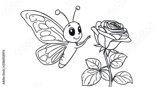 Cute cartoon butterfly flying near a beautiful rose flower sketch isolated on white background
