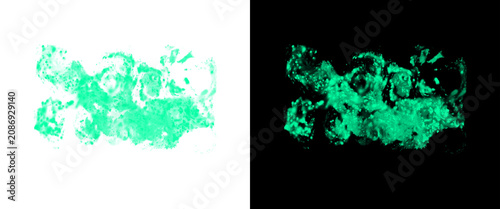 Glowing turquoise bioluminescence texture, vibrant neon green organic splatter on black and white background, abstract fluid light pattern