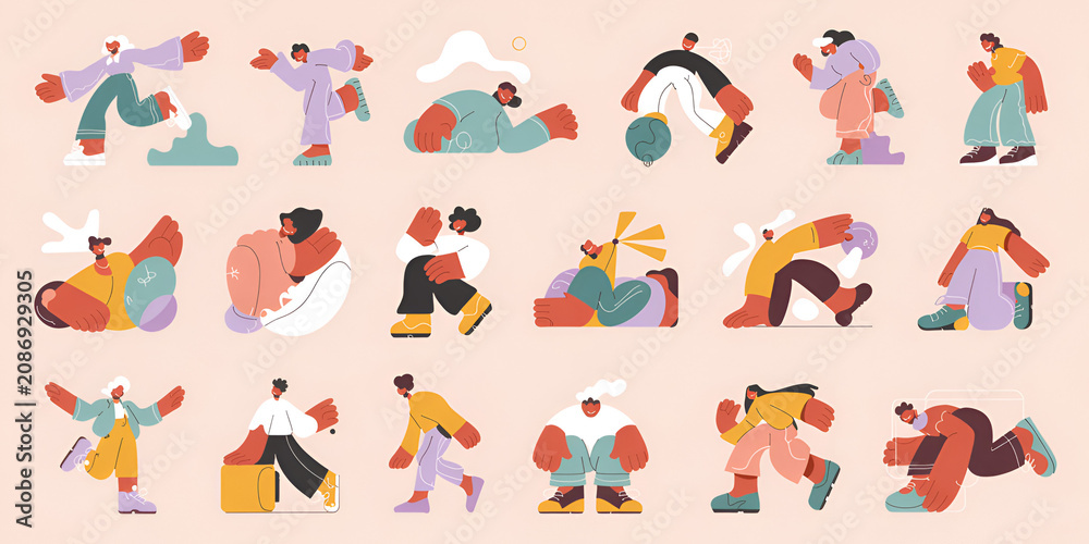 Obraz premium Diverse characters in dynamic poses with abstract shapes during a playful illustration