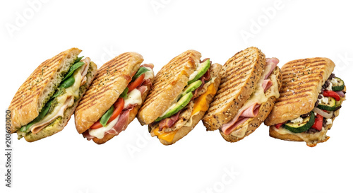 A mouthwatering lineup of freshly made panini sandwiches with various fillings on a white background