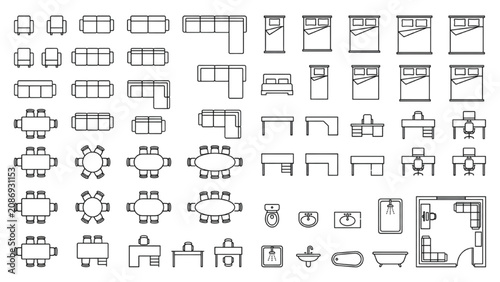 CAD Furniture Top View Outline Icons Set for Interior Floor Plans and Architectural Drawings