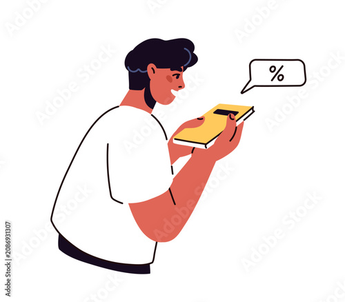 Man reader looking at book on sale. Literature discounts, price off in bookst...