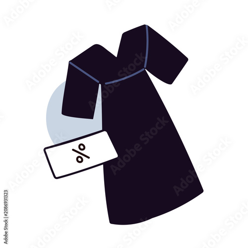 Dress with discount percent tag. Summer clothing item with price label, coupo...