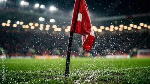 A red corner flag on a soccer field during the rain.