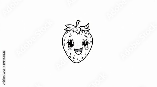 Cute happy strawberry character with a big smile line art drawing isolated on white background