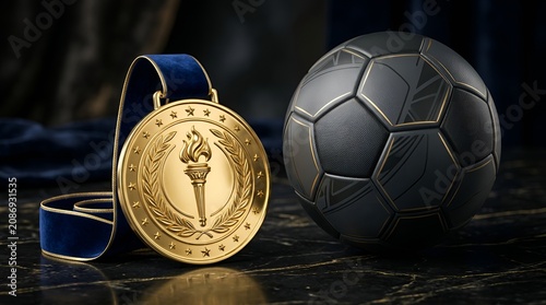 Gold winner's medal and a soccer ball on a dark surface.