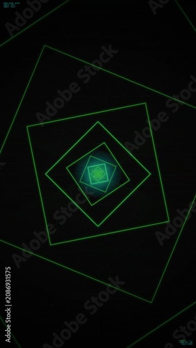 Abstract green neon squares loop infinitely on a dark background, creating a futuristic cyberpunk geometric tunnel effect for mobile vertical screens.