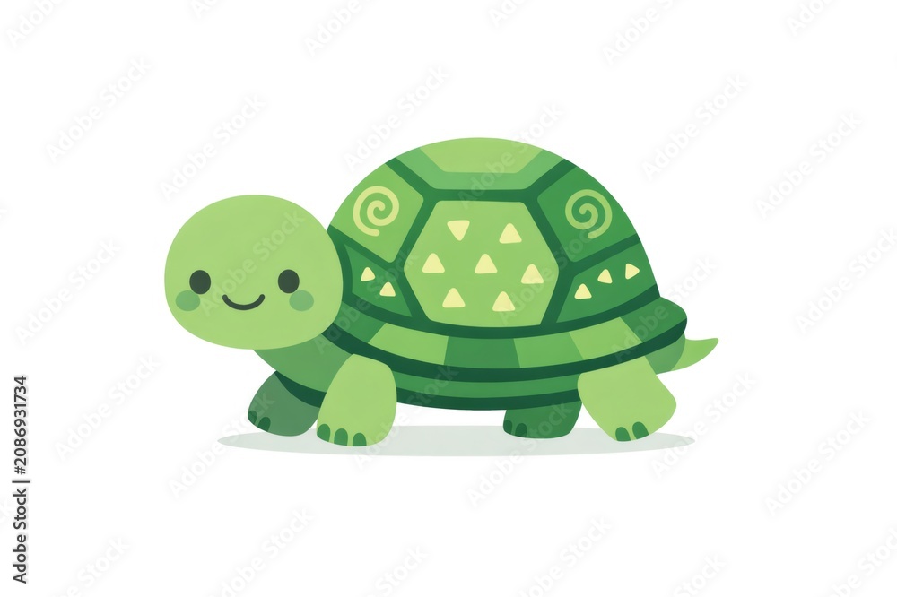 Obraz premium Friendly cartoon turtle with a vibrant green shell and happy smile moving forward, symbolizing slowness, longevity, and a gentle nature