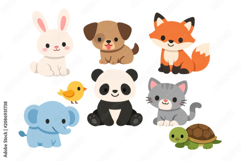 Fototapeta premium Adorable baby animals including a rabbit, puppy, fox, chick, panda, cat, elephant, and turtle creating a charming collection for children and wildlife themes