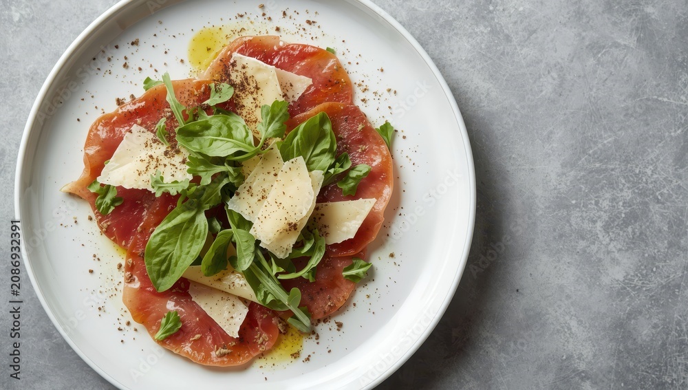 Naklejka premium Tasty veal carpaccio topped with Parmesan, herbs, and spices. Gray backdrop. Aerial perspective. Room for text.