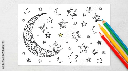 Coloring page with a crescent moon and many stars for kids activity isolated on white background