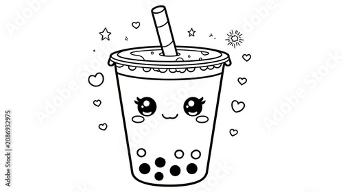 Cute bubble tea cup drawing with a straw and stars for coloring page isolated on white background
