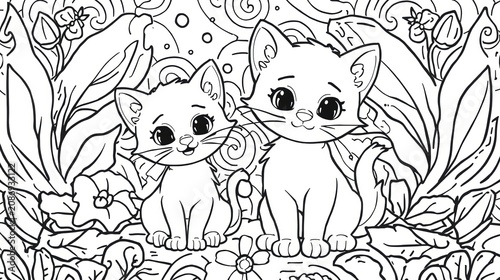 Two cute kittens sitting together in a garden coloring page for kids isolated on white background