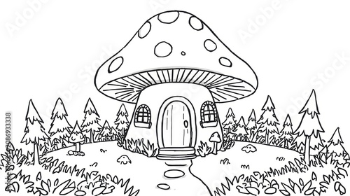 Cute mushroom house in a fairy forest coloring page for kids design isolated on white background