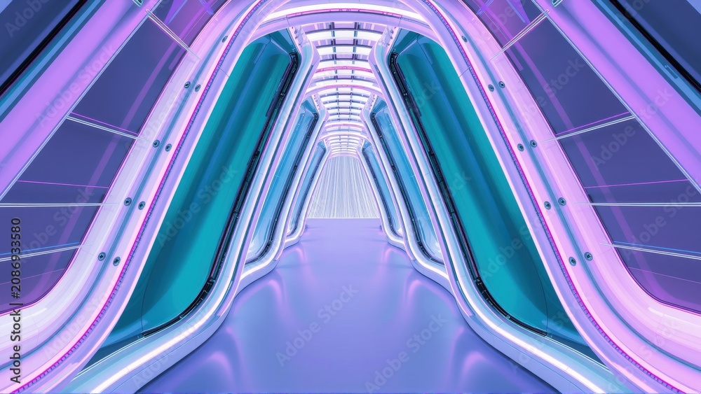 Fototapeta premium Futuristic corridor glows with vibrant purple, teal lighting. Symmetrical design creates intense perspective, leading toward distant light source.
