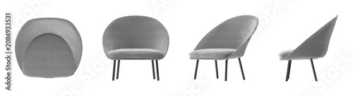 Photos Modern grey velvet accent chair with sleek black legs and curved silhouette