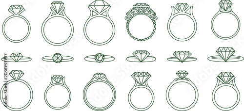 Green line art diamond rings, engagement ring icons, jewelry illustrations, minimalist vector set