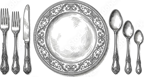 фотографія Ornate vintage dinner table setting hand drawn engraving style with detailed pla