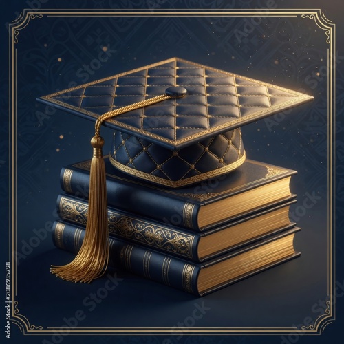 Graduation cap and stack of vintage books on dark blue background representing academic success and knowledge