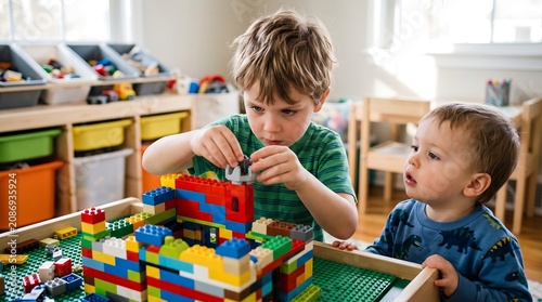 Two young boys playing with colorful LEGO bricks at a table in a bright playroom, building a creative structure together.