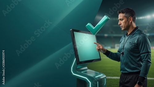 Referee reviewing football match decision using var system on field, ensuring fair play and sports integrity