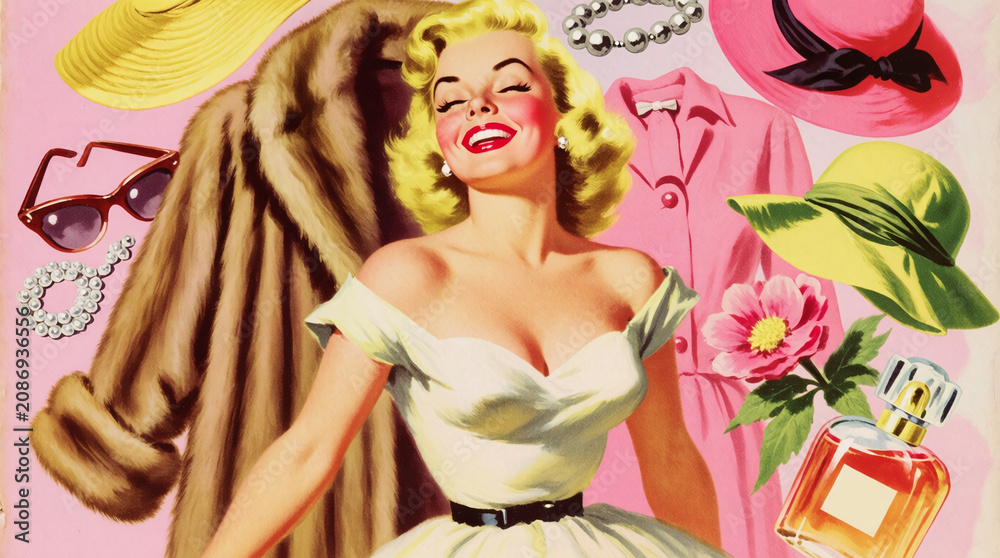 Fototapeta premium vintage collage illustration featuring glamorous blonde woman surrounded by fashion items, including fur coat, sunglasses, pearls, hats. Concept of consumerism, luxury life