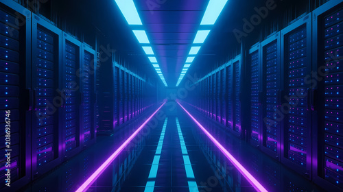 Cyberpunk server room with neon lights
