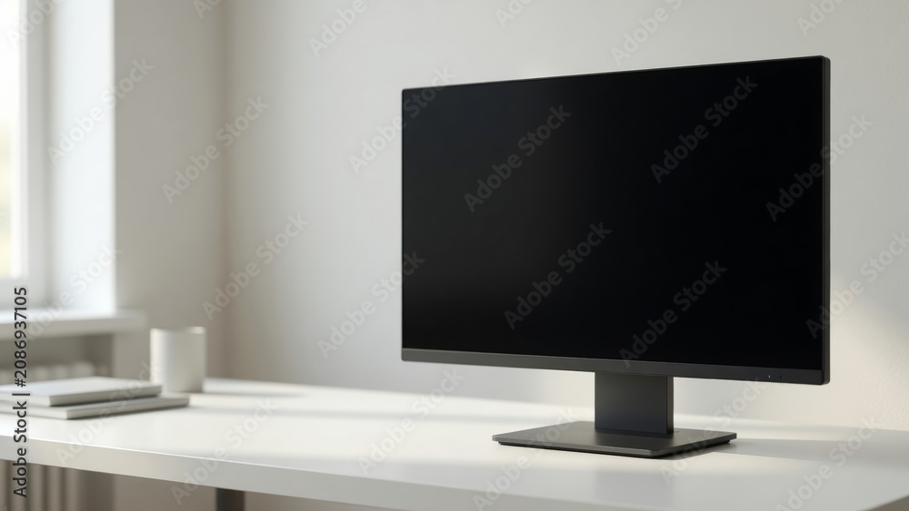 Fototapeta premium Blank computer monitor screen sitting on a simple white desk, creating a minimalist workspace in a clean home office