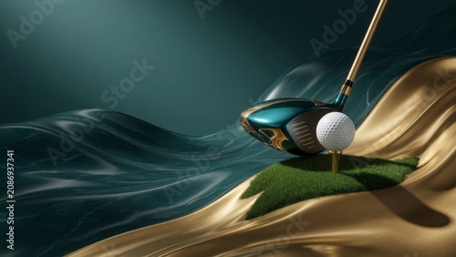 Premium golf equipment with gold driver and ball on green tee, symbolizing luxury sport and success