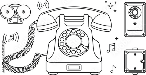 Εκτύπωση καμβά Vintage Retro Rotary Dial Telephone and Old Communication Hardware Vector Set Li